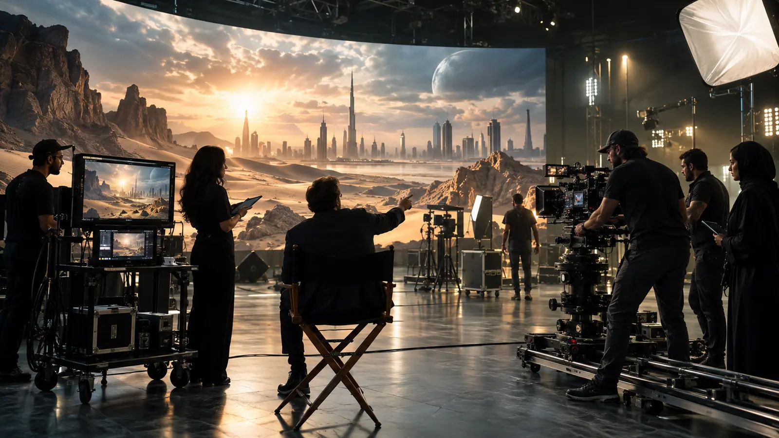 Virtual production team directing a cinematic scene